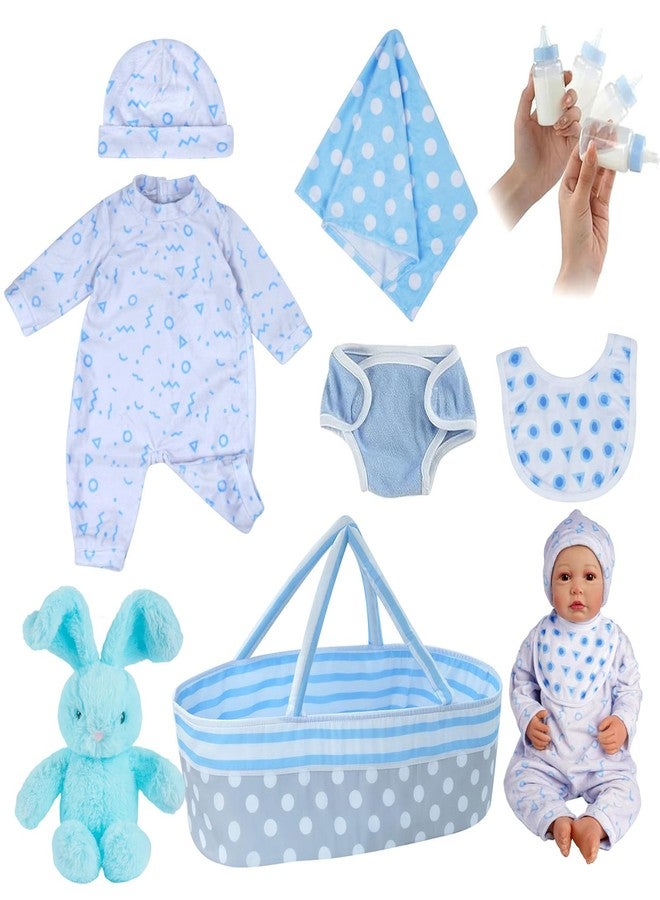 JIZHI 8 Pcs Reborn Baby Doll Clothes Set with Bassinet for 17-22 Inch Babydolls, Realistic Baby Boy Dolls Clothes fit Lifelike Reborn Baby Doll Accessories, Blue (Not Doll) - Image 1